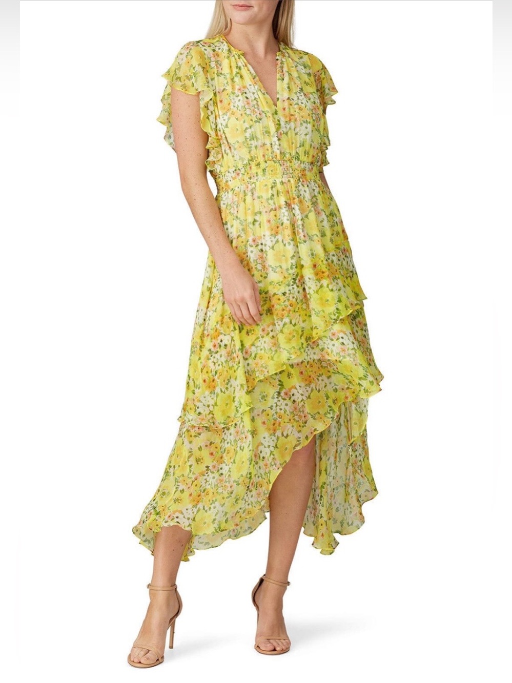 Shoshanna~Candela~Yellow Floral High-Low Ruffle Dress~Size 4~$460~